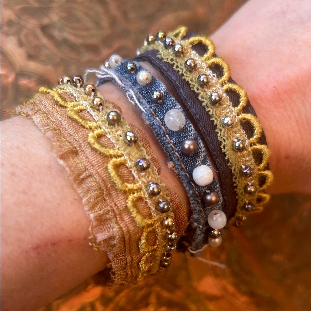 Handmade upcycled beaded lace boho gypsy stackable fabric bracelets